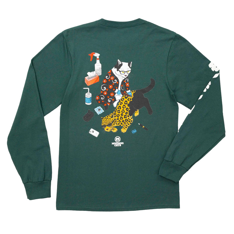 Tebori 2010s Long Sleeve Tee Apparel Monmon Cats Green Small 