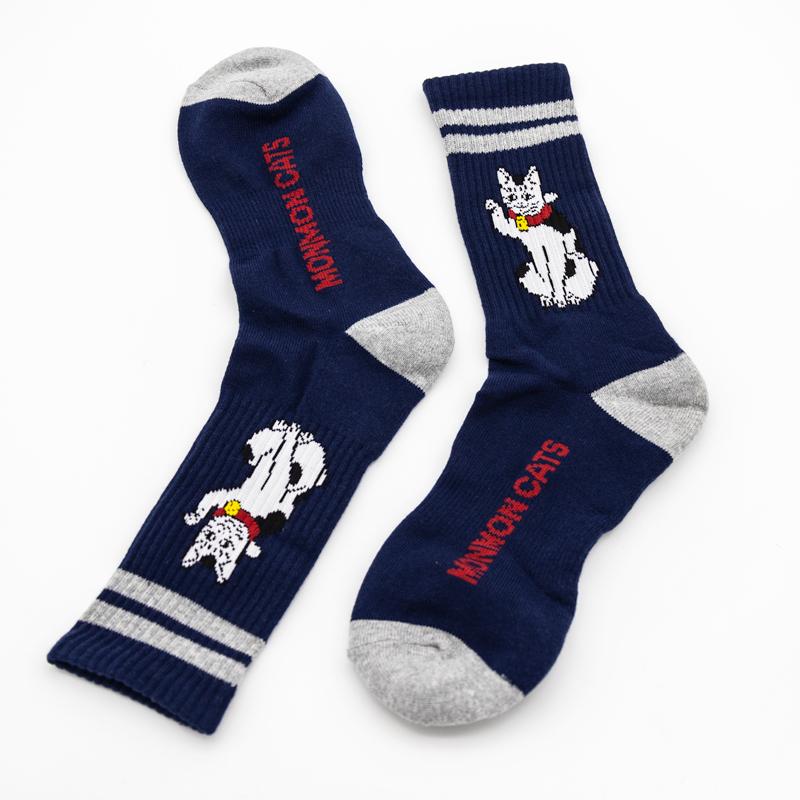 Maneki Stripe Socks Accessories Monmon Cats Navy 